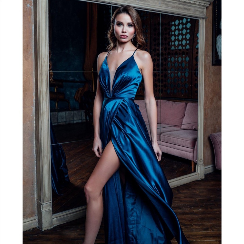Betsy & Adam Lace up Illusions Satin Gown